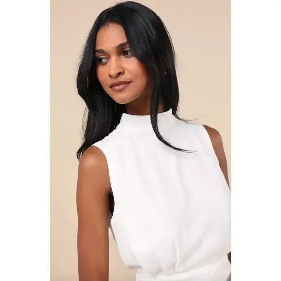 Lulus Classic Elegance White Chiffon Sleeveless Mock Neck Mini Dress Medium - Picture 3 of 10